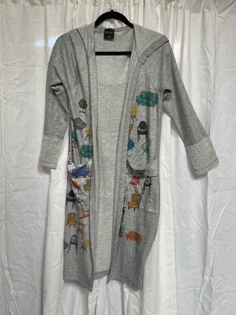 Inoah Grey Mid-Century Modern Chair Print Long Hooded Cardigan Size M USA Made